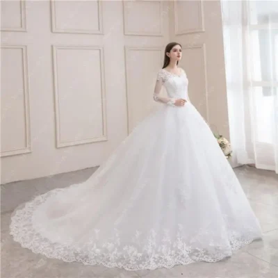 Best-Selling 2024 Long Sleeve V-Neck Lace Wedding Dress | Vintage Bridal Ball Gown | Modest Customizable Wedding Dress