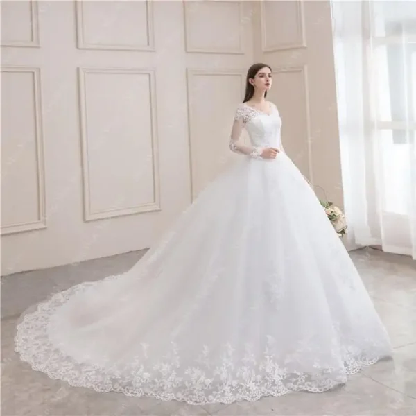 Best-Selling 2024 Long Sleeve V-Neck Lace Wedding Dress | Vintage Bridal Ball Gown | Modest Customizable Wedding Dress