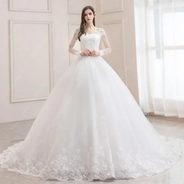 Best-Selling 2024 Long Sleeve V-Neck Lace Wedding Dress | Vintage Bridal Ball Gown | Modest Customizable Wedding Dress - Image 2
