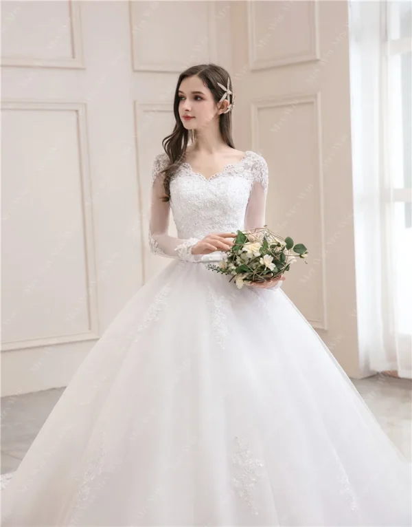 Best-Selling 2024 Long Sleeve V-Neck Lace Wedding Dress | Vintage Bridal Ball Gown | Modest Customizable Wedding Dress - Image 3