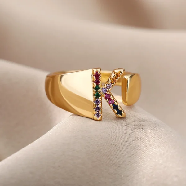 2025 Rainbow Zircon Letter Rings for Women – Fashionable Chunky Stainless Steel A-Z Rings | Boho Wedding Jewelry & Perfect Gift Idea - Image 4