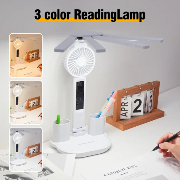 3-in-1 Multifunctional Desk Lamp | LED Reading Lamp with Fan, Calendar & Clock | USB Rechargeable, 4-Head Folding Design - Image 3