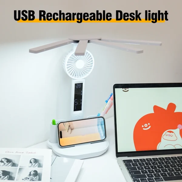 3-in-1 Multifunctional Desk Lamp | LED Reading Lamp with Fan, Calendar & Clock | USB Rechargeable, 4-Head Folding Design - Image 2