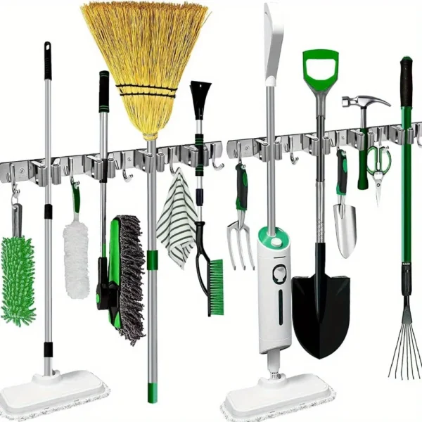 Heavy-Duty Mop & Broom Holder | Wall-Mounted Stainless Steel Organizer with Anti-Slip Clips & Hooks | Multifunctional Storage Solution - Image 2