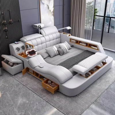 Linlamlim Luxury King Size Leather Bed | Smart Tech Bed with USB, Projector & Massage Functions | Multifunctional Ultimate Bed
