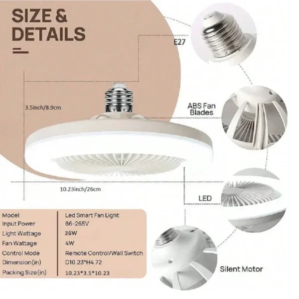 E27 LED Smart Fan Light – Remote-Controlled 3-Speed Whisper-Quiet ABS Blades | 36W Lighting + 4W Energy-Saving Silent Air Supply - Image 3