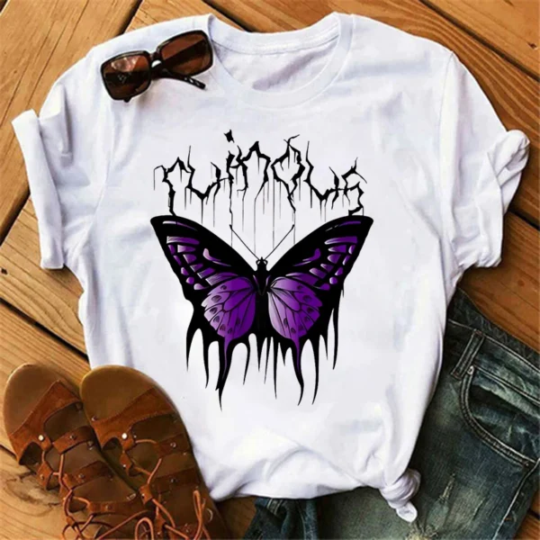 Women's Butterfly Tree Print Harajuku T-Shirt – Round Neck Short Sleeve Summer Top | Casual & Stylish Everyday Tee - Image 2
