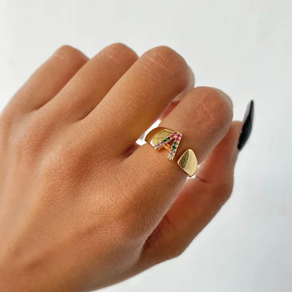2025 Rainbow Zircon Letter Rings for Women – Fashionable Chunky Stainless Steel A-Z Rings | Boho Wedding Jewelry & Perfect Gift Idea - Image 3