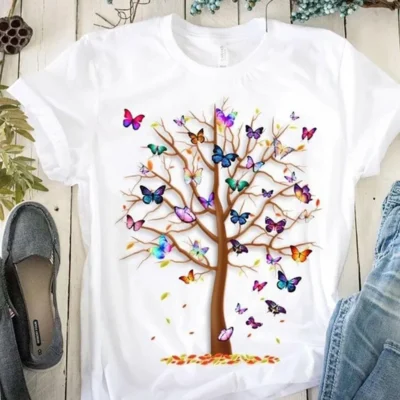 Women's Butterfly Tree Print Harajuku T-Shirt – Round Neck Short Sleeve Summer Top | Casual & Stylish Everyday Tee
