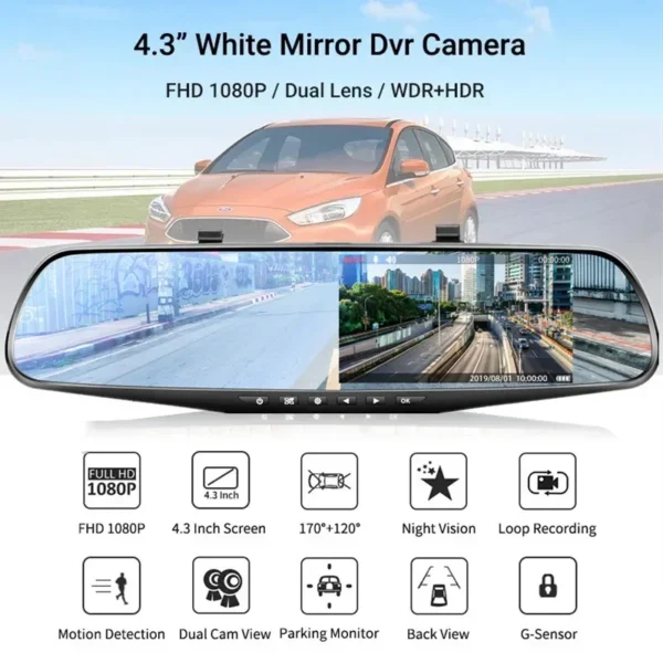 4.3 Inch Car DVR Rearview Mirror | Dual Lens 1080P Driving Recorder | Front & Rear Camera Black Box for Vehicles - Image 4