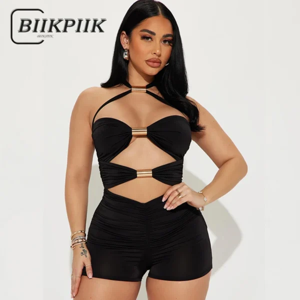 BIIKPIIK Women's Sexy Hollow-Out Romper – Backless Metal Ring Detail Playsuit | Midnight Black Party & Vacation Essential for Clubwear