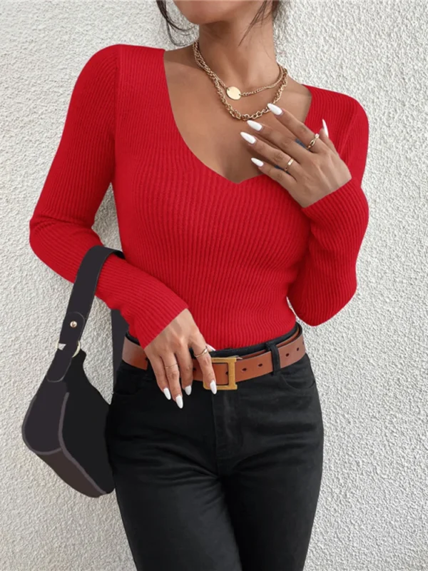 2025 Autumn-Winter Women's Solid Rib Knit Sweater – Y2K V-Neck Stripe Pullover | Long Sleeve Jersey Top for Effortless Style - Image 6