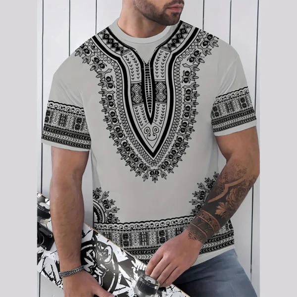 2025 Summer Plus Size Retro Ethnic Totem Print T-Shirt – Soft & Breathable O-Neck Menswear | Trendy Short Sleeve Shirt for Casual Style - Image 3