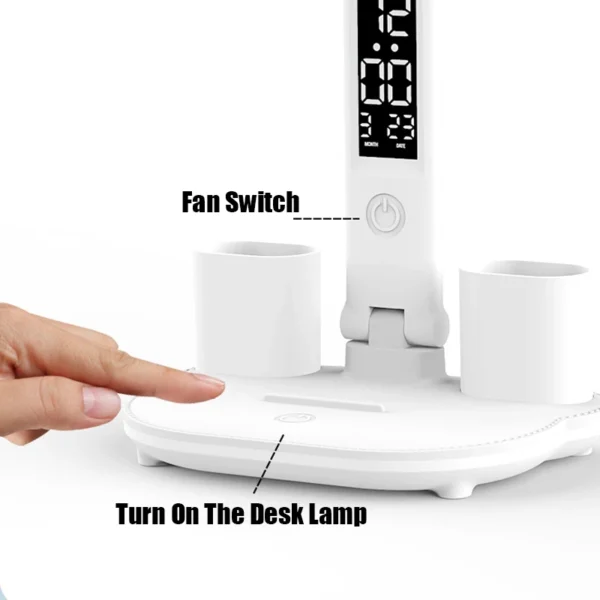 3-in-1 Multifunctional Desk Lamp | LED Reading Lamp with Fan, Calendar & Clock | USB Rechargeable, 4-Head Folding Design - Image 4