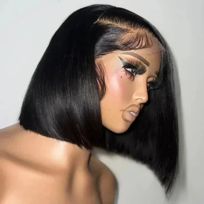 13x4 Brazilian Remy Human Hair Wig | Short Bob 4x4 Pre-Plucked Wig | Bone Straight 14-Inch Transparent Lace Wig for Women
