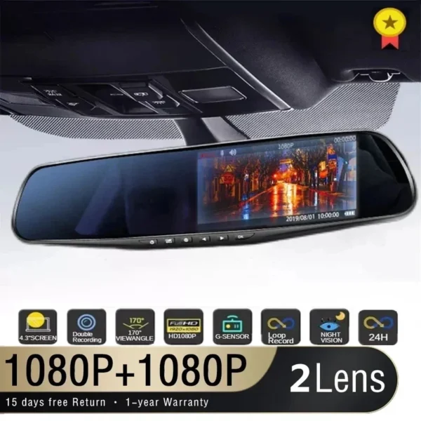 4.3 Inch Car DVR Rearview Mirror | Dual Lens 1080P Driving Recorder | Front & Rear Camera Black Box for Vehicles - Image 2
