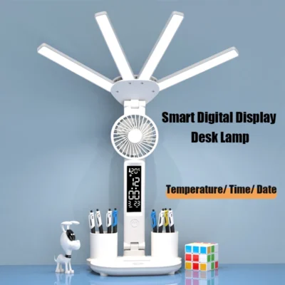 3-in-1 Multifunctional Desk Lamp | LED Reading Lamp with Fan, Calendar & Clock | USB Rechargeable, 4-Head Folding Design