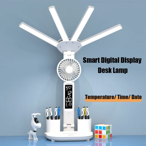 3-in-1 Multifunctional Desk Lamp | LED Reading Lamp with Fan, Calendar & Clock | USB Rechargeable, 4-Head Folding Design