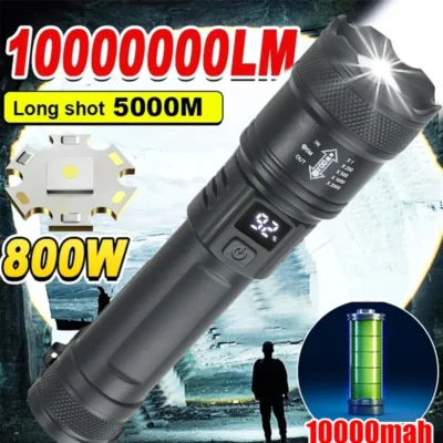 High-Power 2000LM LED Flashlight | Tactical Torch with Zoom, USB Charging & Display Light | Camping & Emergency Lantern