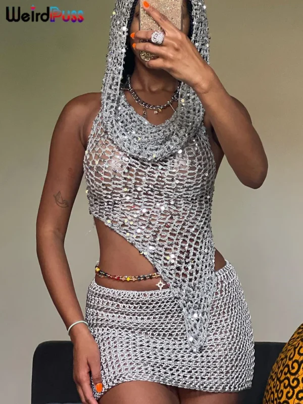 Weird Puss Women's Sequin Two-Piece Set – Sexy See-Through Irregular Backless Hooded Top & Peach Hip Skirt | Midnight Clubwear Ensemble - Image 4