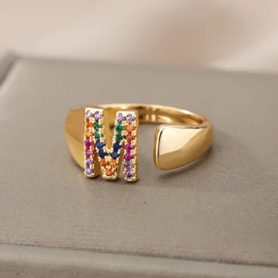 2025 Rainbow Zircon Letter Rings for Women – Fashionable Chunky Stainless Steel A-Z Rings | Boho Wedding Jewelry & Perfect Gift Idea