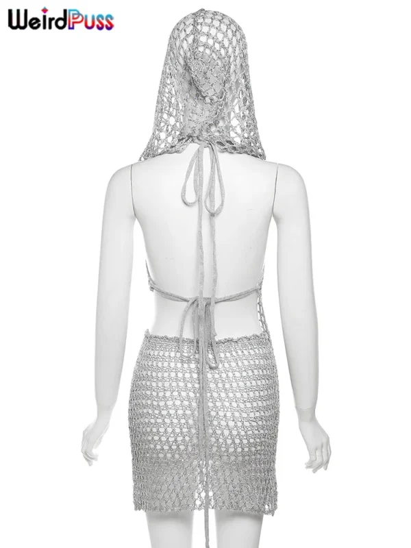 Weird Puss Women's Sequin Two-Piece Set – Sexy See-Through Irregular Backless Hooded Top & Peach Hip Skirt | Midnight Clubwear Ensemble - Image 6