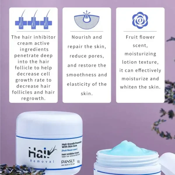 50g Painless Hair Removal Cream – Permanent Hair Growth Inhibitor for Beard, Legs, Armpits & Intimate Areas | Smooth Depilatory Solution - Image 3