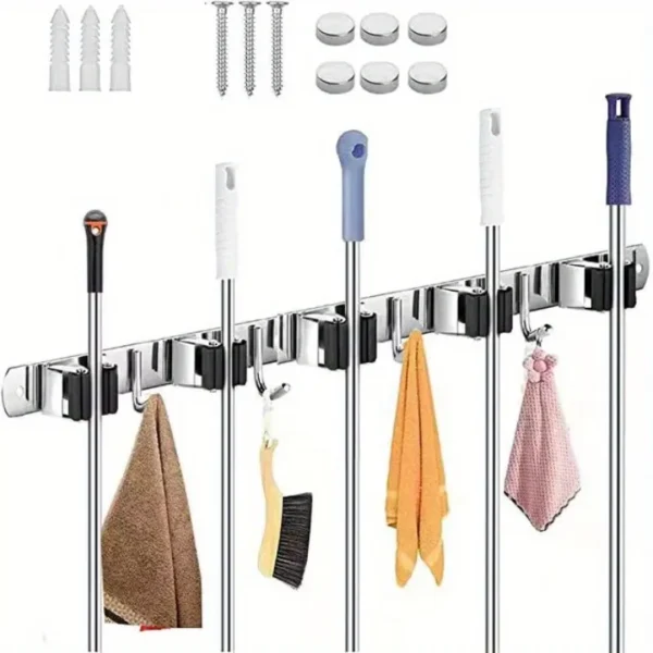 Heavy-Duty Mop & Broom Holder | Wall-Mounted Stainless Steel Organizer with Anti-Slip Clips & Hooks | Multifunctional Storage Solution - Image 5