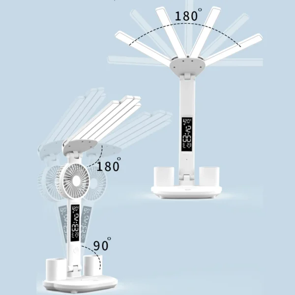 3-in-1 Multifunctional Desk Lamp | LED Reading Lamp with Fan, Calendar & Clock | USB Rechargeable, 4-Head Folding Design - Image 6