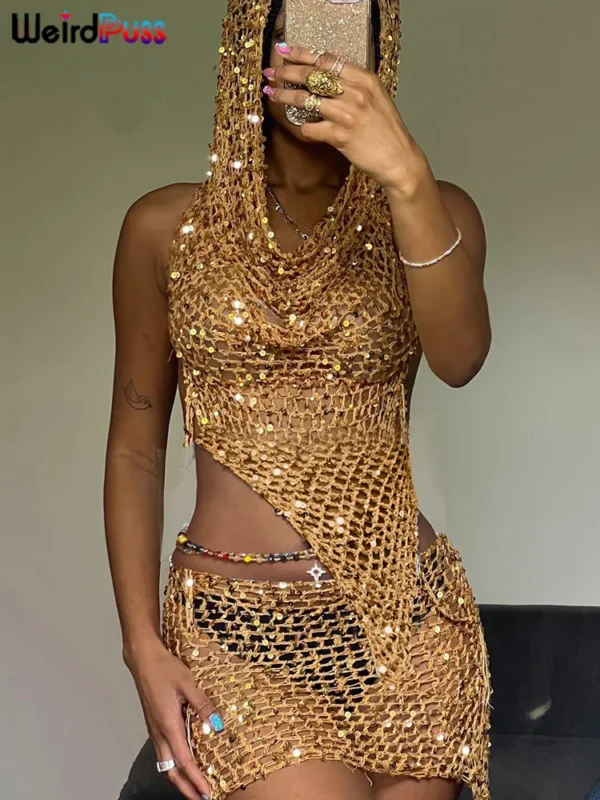 Weird Puss Women's Sequin Two-Piece Set – Sexy See-Through Irregular Backless Hooded Top & Peach Hip Skirt | Midnight Clubwear Ensemble - Image 2