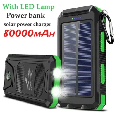 80000mAh Solar Power Bank – Large Capacity with Two-Way Fast Charging | Built-In Cable External Battery for iPhone & Xiaomi Devices