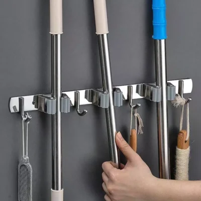 Heavy-Duty Mop & Broom Holder | Wall-Mounted Stainless Steel Organizer with Anti-Slip Clips & Hooks | Multifunctional Storage Solution