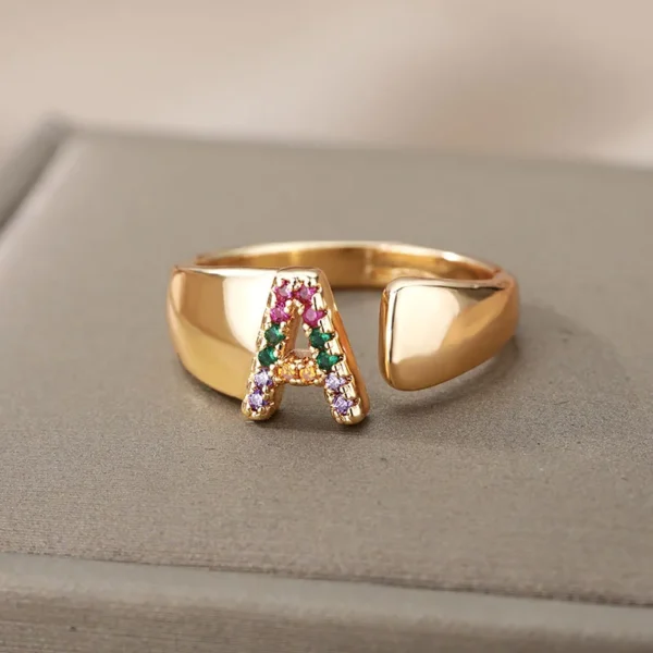 2025 Rainbow Zircon Letter Rings for Women – Fashionable Chunky Stainless Steel A-Z Rings | Boho Wedding Jewelry & Perfect Gift Idea - Image 2