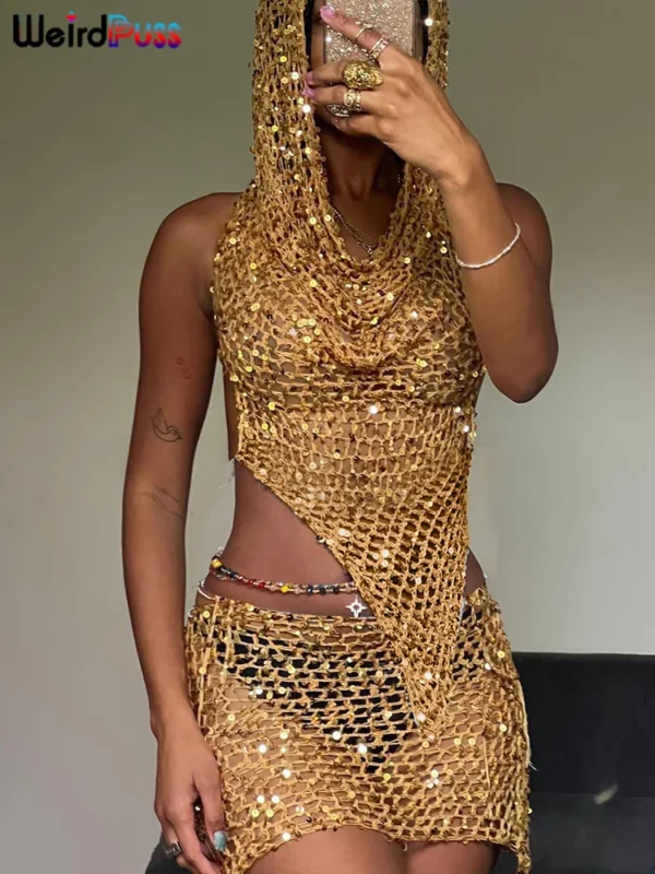Weird Puss Women's Sequin Two-Piece Set – Sexy See-Through Irregular Backless Hooded Top & Peach Hip Skirt | Midnight Clubwear Ensemble