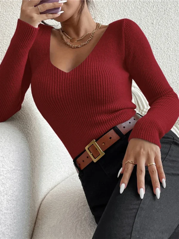 2025 Autumn-Winter Women's Solid Rib Knit Sweater – Y2K V-Neck Stripe Pullover | Long Sleeve Jersey Top for Effortless Style - Image 5