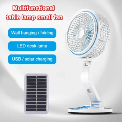 1600mAh Solar-Powered Portable Fan – USB Rechargeable Electric Wall & Desktop Fan with LED Night Light | Perfect for Home Use