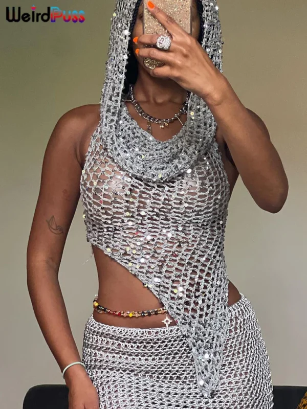Weird Puss Women's Sequin Two-Piece Set – Sexy See-Through Irregular Backless Hooded Top & Peach Hip Skirt | Midnight Clubwear Ensemble - Image 3