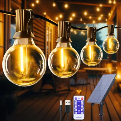 Solar-Powered G40 String Lights – Weatherproof LED Shatterproof Bulbs | Outdoor Patio & Backyard Bistro Hanging Lights for Ambiance